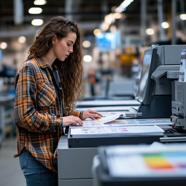 Woman working a commercial printer