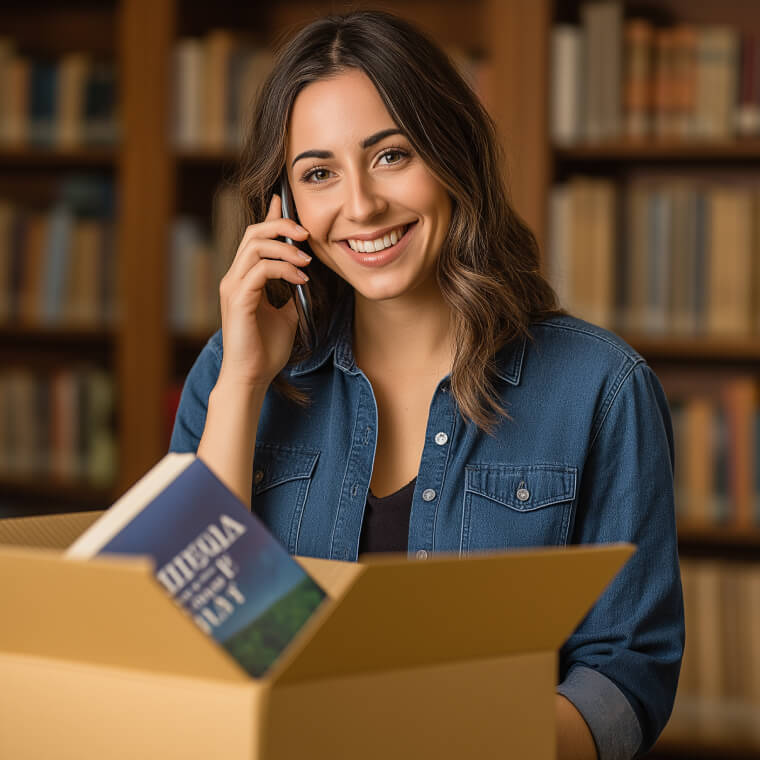 Woman packaging box with books while on the phone with a customer